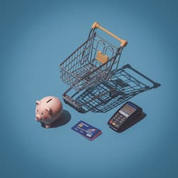 BENPRO - Modelspielzeug von einem Einkaufswagen, einem Sparschwein, einem Kartenlesegerät und einer Bankkarte